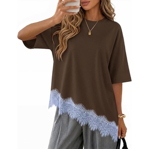 image:imageZESICA Womens Summer Oversized TShirts Asymmetrical Lace Going Out TopsCoffee Brown