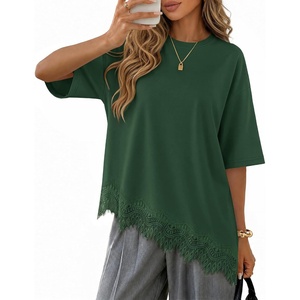 image:imageZESICA Womens Summer Oversized TShirts Asymmetrical Lace Going Out TopsDark Green