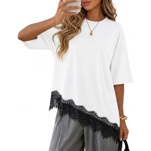 image:imageZESICA Womens Summer Oversized TShirts Asymmetrical Lace Going Out TopsIvory