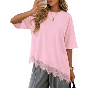 image:imageZESICA Womens Summer Oversized TShirts Asymmetrical Lace Going Out TopsPink