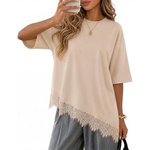 image:imageZESICA Womens Summer Oversized TShirts Asymmetrical Lace Going Out TopsSand