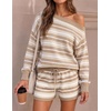 image:imageZESICA Womens 2 Piece Striped Casual Long Sleeve Sweater Shorts SetsApricot