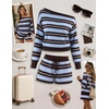 image:imageZESICA Womens 2 Piece Striped Casual Long Sleeve Sweater Shorts SetsBlue