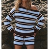 image:imageZESICA Womens 2 Piece Striped Casual Long Sleeve Sweater Shorts SetsBlue