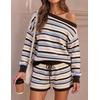 image:imageZESICA Womens 2 Piece Striped Casual Long Sleeve Sweater Shorts SetsBrown