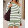 image:imageZESICA Womens 2 Piece Striped Casual Long Sleeve Sweater Shorts SetsGreen