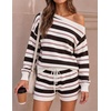 image:imageZESICA Womens 2 Piece Striped Casual Long Sleeve Sweater Shorts SetsIvory