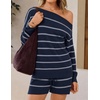 image:imageZESICA Womens 2 Piece Striped Casual Long Sleeve Sweater Shorts SetsNavy