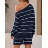 image:imageZESICA Womens 2 Piece Striped Casual Long Sleeve Sweater Shorts SetsNavy