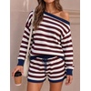image:imageZESICA Womens 2 Piece Striped Casual Long Sleeve Sweater Shorts SetsWine