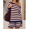 image:imageZESICA Womens 2 Piece Striped Casual Long Sleeve Sweater Shorts SetsWine