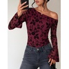 image:imageZESICA Womens Floral Off Shoulder Fall Long Sleeve Y2K Going Out Work TopsBurgundy