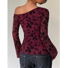 image:imageZESICA Womens Floral Off Shoulder Fall Long Sleeve Y2K Going Out Work TopsBurgundy