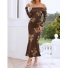 image:imageZESICA Womens Long Sleeve Off Shoulder Maxi Fall Mesh Wedding Guest DressesFloral Brown