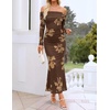 image:imageZESICA Womens Long Sleeve Off Shoulder Maxi Fall Mesh Wedding Guest DressesFloral Brown
