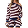 image:imageZESICA Womens 2 Piece Striped Casual Long Sleeve Sweater Shorts SetsWine