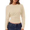 image:imageZESICA Womens Batwing Long Sleeve Shirts Cinched Waist Crop Going Out TopsApricot