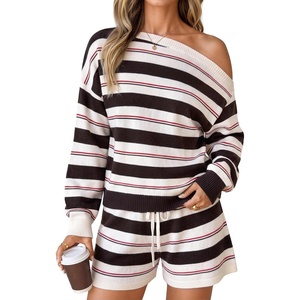 image:imageZESICA Womens 2 Piece Striped Casual Long Sleeve Sweater Shorts SetsIvory