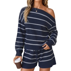 image:imageZESICA Womens 2 Piece Striped Casual Long Sleeve Sweater Shorts SetsNavy