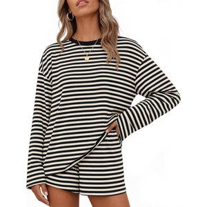 image:imageZESICA Womens 2 Piece Striped Short Sets Fall Lounge OutfitBlack