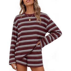 image:imageZESICA Womens 2 Piece Striped Short Sets Fall Lounge OutfitBurgundyred