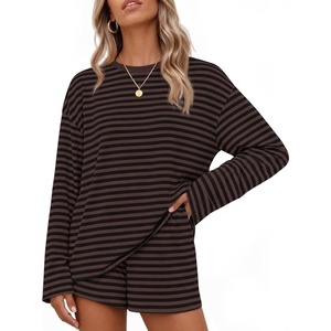 image:imageZESICA Womens 2 Piece Striped Short Sets Fall Lounge OutfitDarkbrown