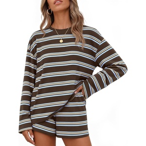 image:imageZESICA Womens 2 Piece Striped Short Sets Fall Lounge OutfitDarkcoffee