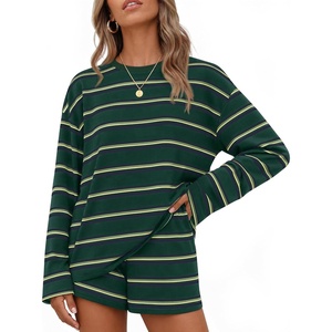 image:imageZESICA Womens 2 Piece Striped Short Sets Fall Lounge OutfitDeepgreen