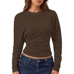 image:imageZESICA Womens Batwing Long Sleeve Shirts Cinched Waist Crop Going Out TopsBrown