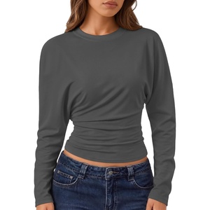 image:imageZESICA Womens Batwing Long Sleeve Shirts Cinched Waist Crop Going Out TopsDarkgrey