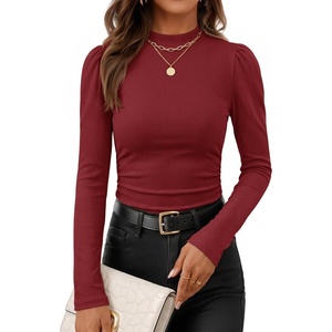 image:imageZESICA Womens Business Casual Ruched Ribbed Long Sleeve TopsRed