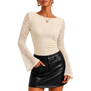 image:imageZESICA Womens Floral Lace Long Sleeve Boat Neck Going Out TopsApricot