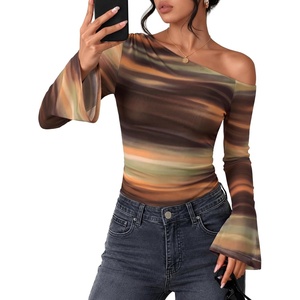 image:imageZESICA Womens Floral Off Shoulder Fall Long Sleeve Y2K Going Out Work TopsBrown