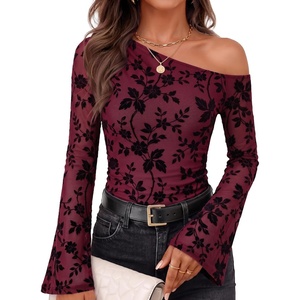 image:imageZESICA Womens Floral Off Shoulder Fall Long Sleeve Y2K Going Out Work TopsBurgundy