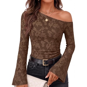 image:imageZESICA Womens Floral Off Shoulder Fall Long Sleeve Y2K Going Out Work TopsCoffee