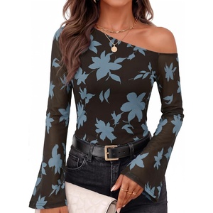 image:imageZESICA Womens Floral Off Shoulder Fall Long Sleeve Y2K Going Out Work TopsCoffee Blue