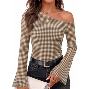 image:imageZESICA Womens Floral Off Shoulder Fall Long Sleeve Y2K Going Out Work TopsPlaid Brown