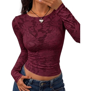 image:imageZESICA Womens Lace Mesh Sheer See Through Long Sleeve TopsBurgundy