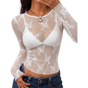 image:imageZESICA Womens Lace Mesh Sheer See Through Long Sleeve TopsIvory