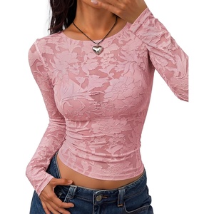 image:imageZESICA Womens Lace Mesh Sheer See Through Long Sleeve TopsPink