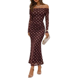 image:imageZESICA Womens Long Sleeve Off Shoulder Maxi Fall Mesh Wedding Guest DressesBrown Polka Dot