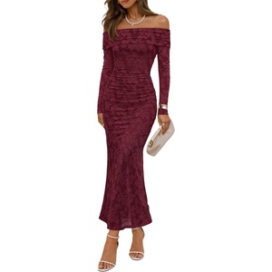 image:imageZESICA Womens Long Sleeve Off Shoulder Maxi Fall Mesh Wedding Guest DressesBurgundy