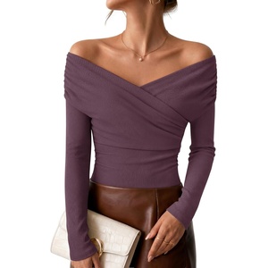 image:imageZESICA Womens 2026 Fall Long Sleeve Wrap Off Shoulder Y2K Going Out TopsDarkpurple