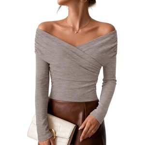 image:imageZESICA Womens 2026 Fall Long Sleeve Wrap Off Shoulder Y2K Going Out TopsTaupe
