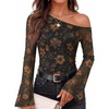image:imageZESICA Womens Floral Off Shoulder Fall Long Sleeve Y2K Going Out Work TopsFloral Gold