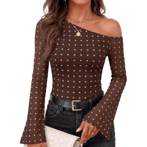 image:imageZESICA Womens Floral Off Shoulder Fall Long Sleeve Y2K Going Out Work TopsBrown Polka Dot