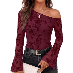 image:imageZESICA Womens Floral Off Shoulder Fall Long Sleeve Y2K Going Out Work TopsDark Red