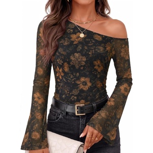 image:imageZESICA Womens Floral Off Shoulder Fall Long Sleeve Y2K Going Out Work TopsFloral Gold