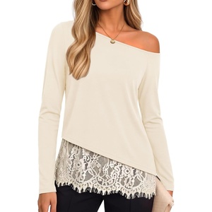 image:imageZESICA Womens Off the Shoulder Lace Shirts Fall Long Sleeve TopApricot