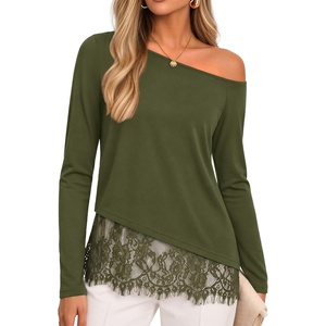 image:imageZESICA Womens Off the Shoulder Lace Shirts Fall Long Sleeve TopArmygreen